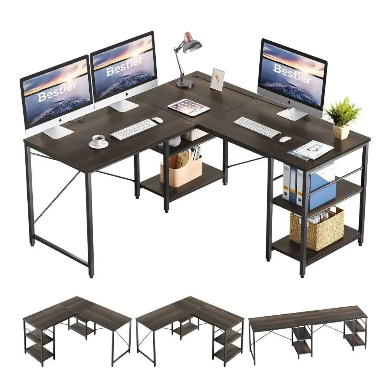 Bestier L Shaped Desk, 95.2 Inch Reversible Corner Computer Desk with Shelves, 2 Person Long Table for Home Office, Large Writing Storage Workstation with 3 Cable Holes