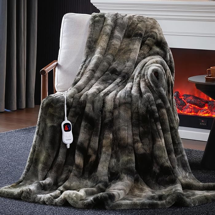 Heated Blanket Electric Throw, Soft Faux Rabbit Fur Electric Blanket with 10 Heating Levels 5 Sitting Timer Auto Off, Dual-Controller Heating Blankets, Machine Washable(84"×90" Light Grey)