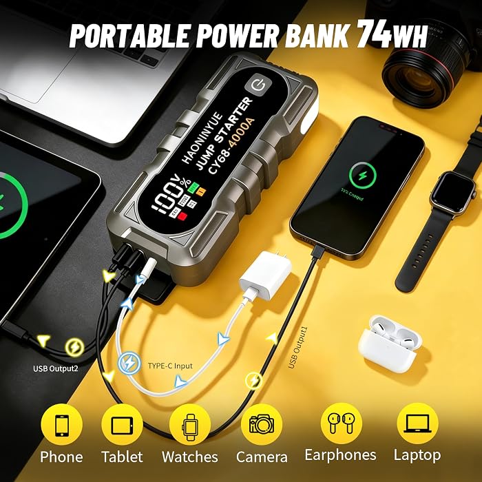 4000A Car Battery Jumper Starter, Battery Jumper Starter Portable (8.0LGas/6L Diesel), 16000mAh Charging Jump Box, Portable Car Jump Starter with Jumper Cables and 600LM LED Light