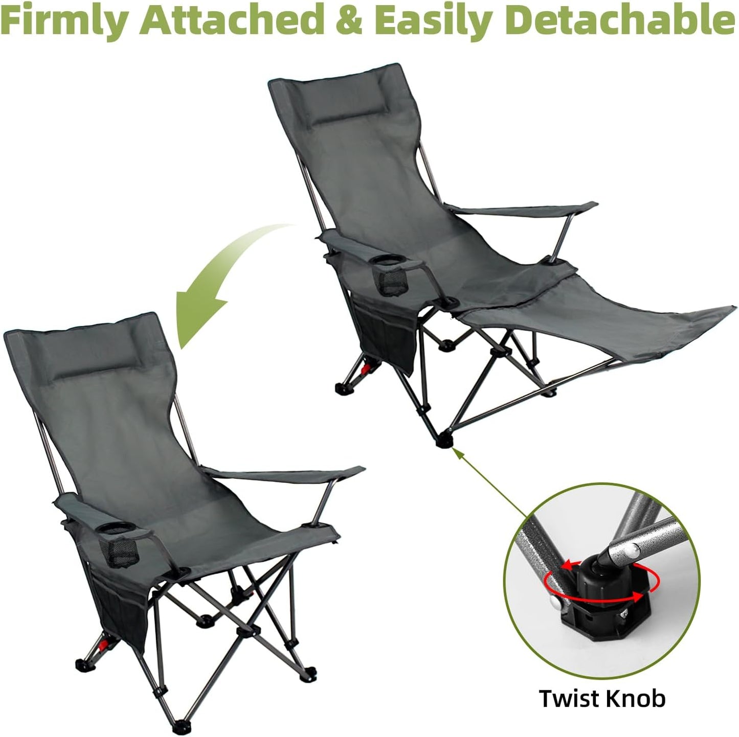 Reclining Camping Chairs for Adults, Recliner Chair with Removable Footrest & Cup Holder, Folding Chairs for Outside W/Adjustable Backrest & Storage Bag for Fishing, Beach, Lawn