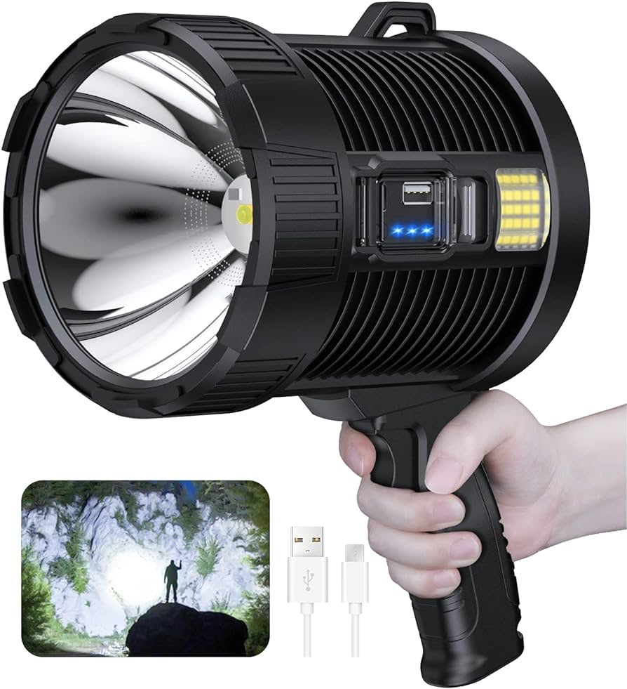 Rechargeable Spotlight, 900000 Lumens Led Spot Lights Handheld Large Flashlight Super Bright Outdoor Solar Spotlights Searchlight with Cob Light, 6 Modes, IPX5 Waterproof