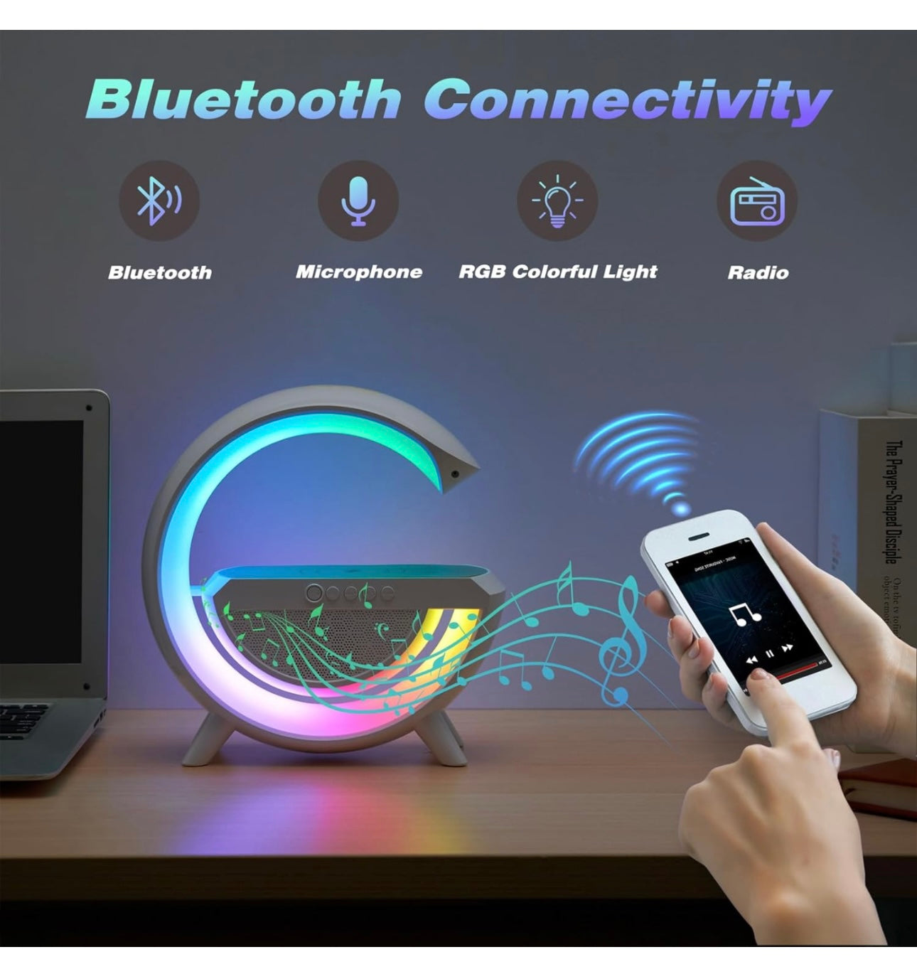 Bluetooth Speaker with Night Lights,Bluetooth Speakers with Wireless Phone Charger,Phone Wireless Charging Station FM Radio Speaker with Atmosphere Lamp Bedroom Office Shop Decor,Birthday Gift