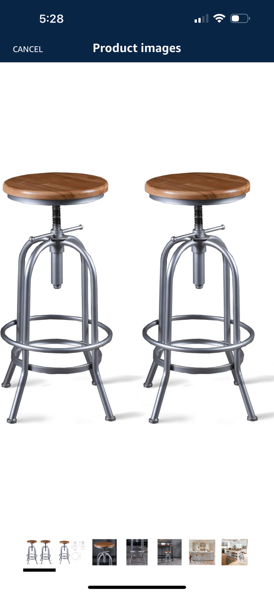 Set of 2 Industrial Bar Stool-Vintage Adjustable Round Wood Metal Swivel Bar Stool-Cast Iron-26-32”