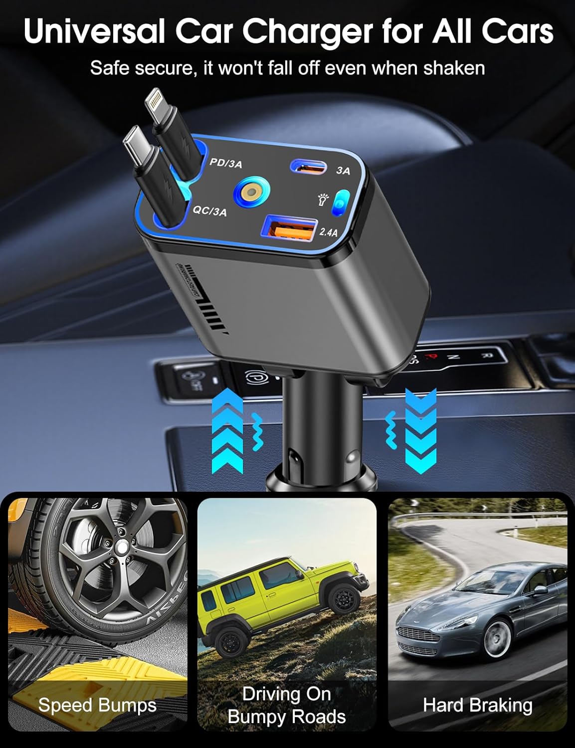 Retractable Car Charger 120W Fast Charging with Starlight,4 in 1 Universal Car Phone Charger,Built-in Type-C & Applehead Cable,Car Road Trip Retractable Accessory for iPhone,IPad,Samsung Galaxy,Pixel
