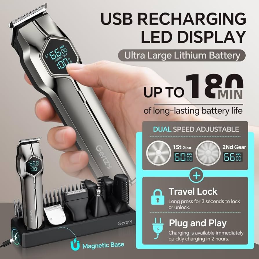GERTZY 5-in-1 Electric Beard Trimmer Magnetic Replacement Heads, Professional Cordless Hair Clippers for Men Rechargeable, IPX7 Waterproof Grooming Kit for Mustache, Body, Nose, Gifts for Men