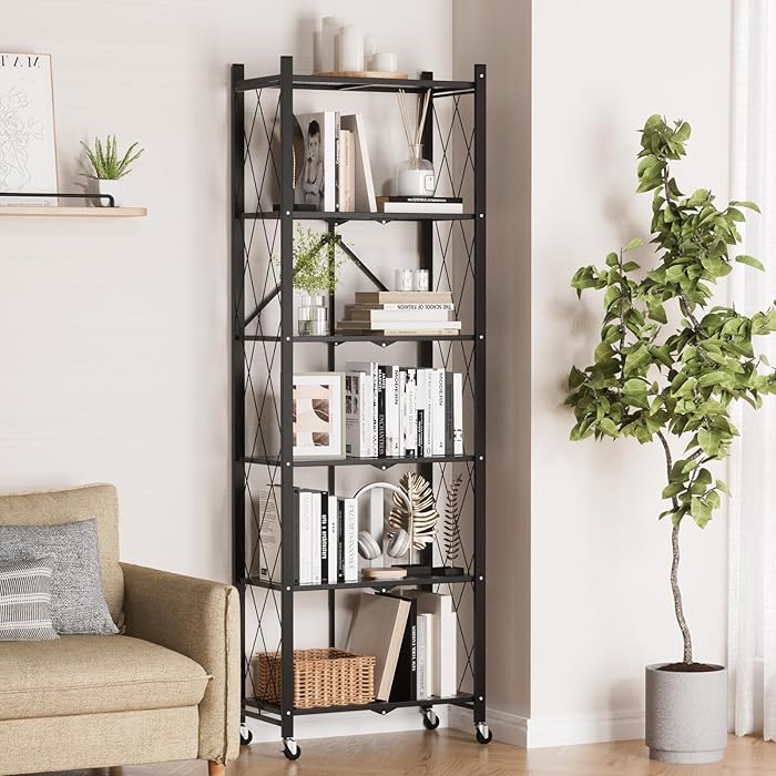 Folding Bookshelf, 6 Tier Metal Bookcase and Bookshelves, Tall Shelves for Living Room Office Bedroom, Heavy Duty Book Shelve Free Standing Open