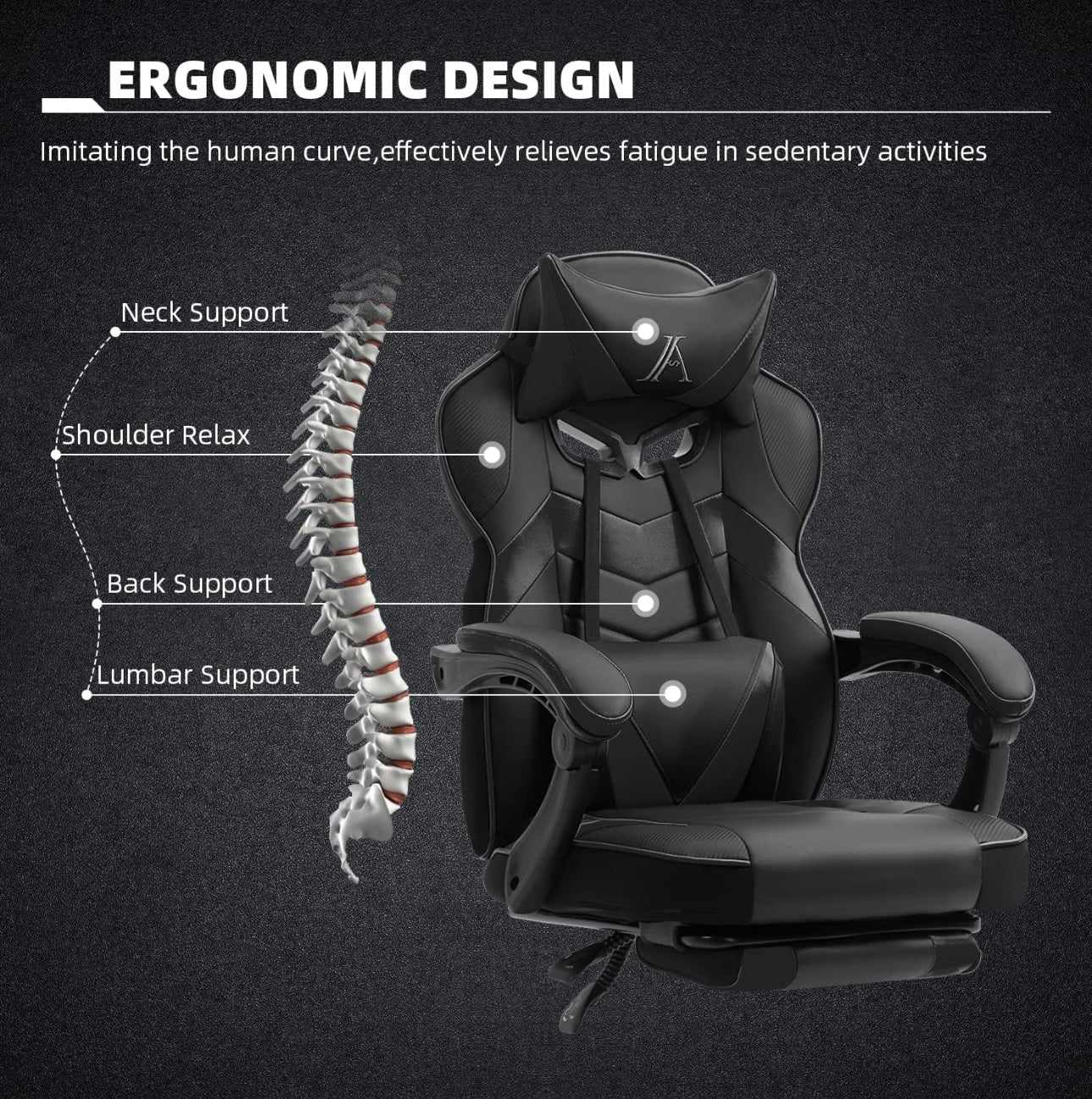 AJS Gaming Chair, Video Game Chair Ergonomic Task Racing Chair Adjustable Swivel PU Leather Office Chair, with Lumbar Support, Headrest, Padded Armrest and Retractable Footrest (Black)