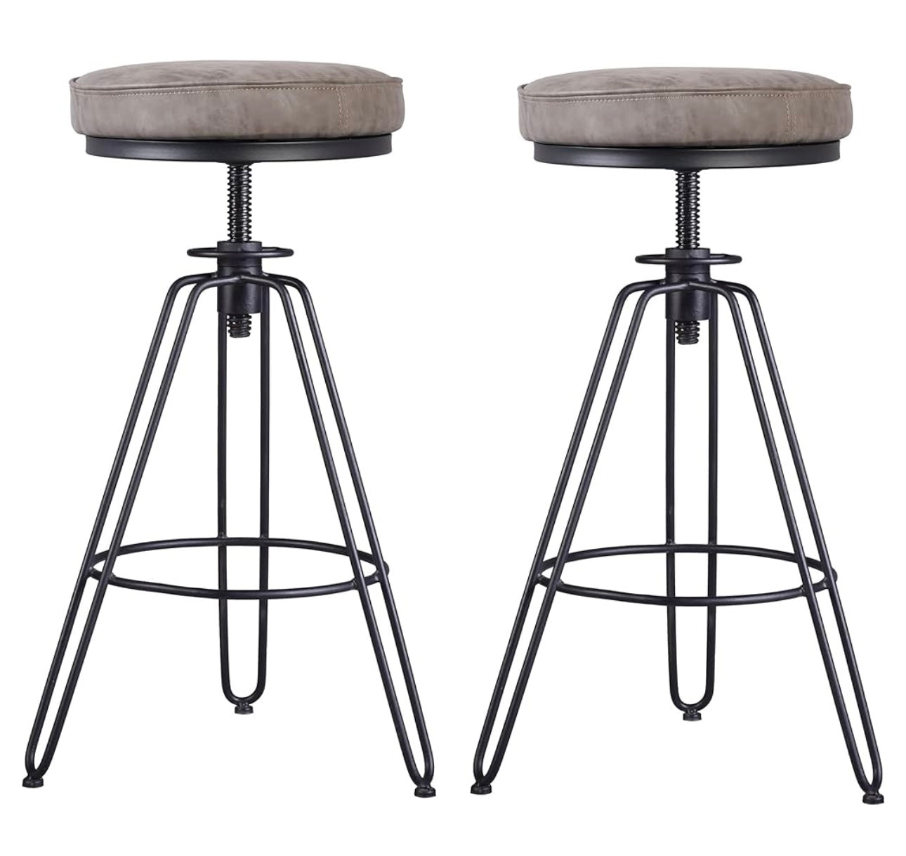 Black Metal Industrial Bar Stool-24-30 Vintage Adjustable Swivel Round PU Leather Stools,Rustic Farmhouse Kitchen Counter Breakfast Stool,Backless,Welded