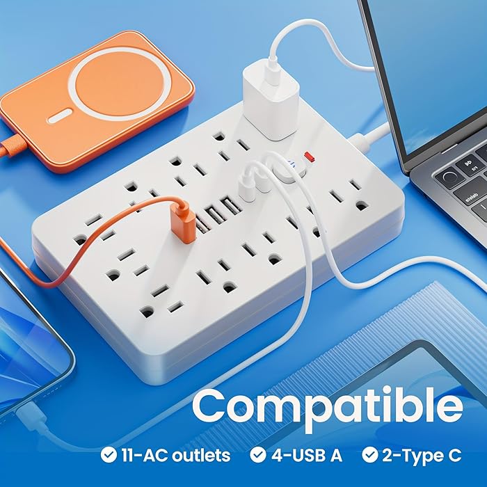 10 FT Flat Plug Surge Protector Power Strip,11 Multiple AC Outlets with 6 USB Ports (2 USB C), 10 Feet Extension Cord, 1250W/10A, One Touch Switch Button, White