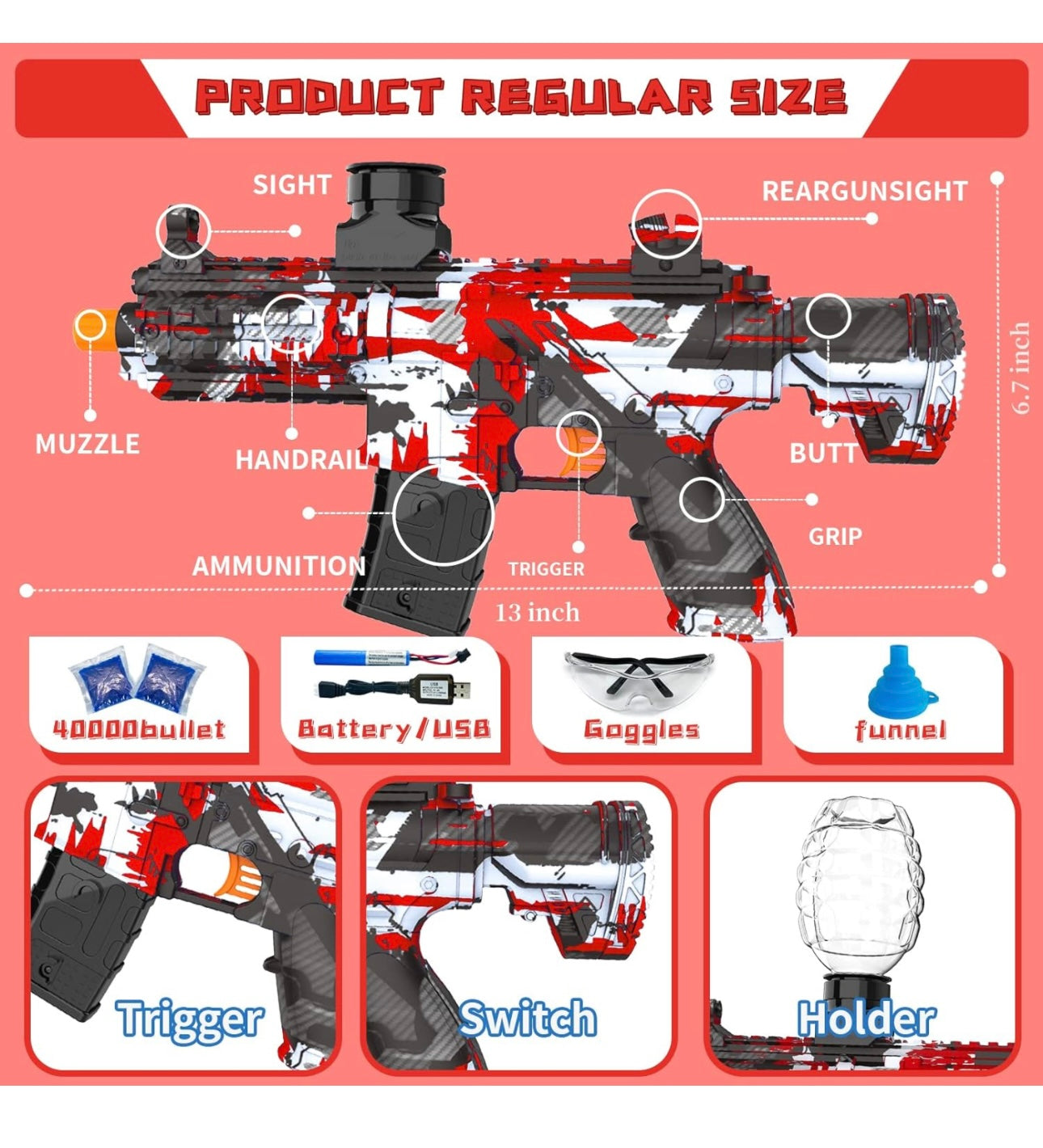 Electric Gel Ball Blaster, High Speed Automatic Splatter Ball Blaster with 40000+ and Goggles