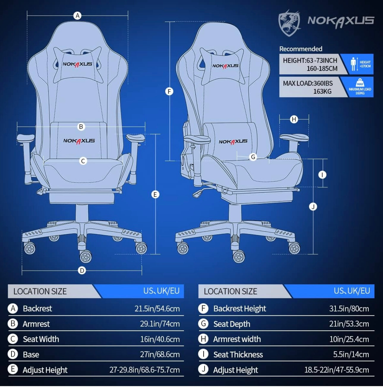 Gaming Chair Large Size High-Back Ergonomic Racing Seat with Massager Lumbar Support and Retractible Footrest PU Leather 90-180 Degree Adjustment of backrest Thickening sponges (YK-6008-BLUE)