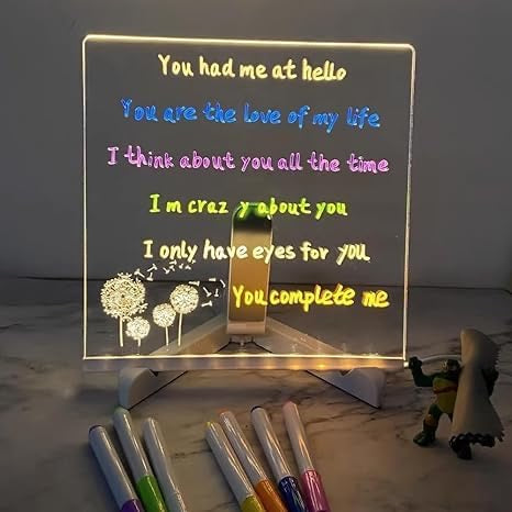 LED Note Board with Colors, Acrylic Dry Erase Board with Light and 7 Colorful Pens, Light up Dry Erase Board with Stand as a Glow Memo Message Board Note Glass Led Board (5.9"x5.9" inch)