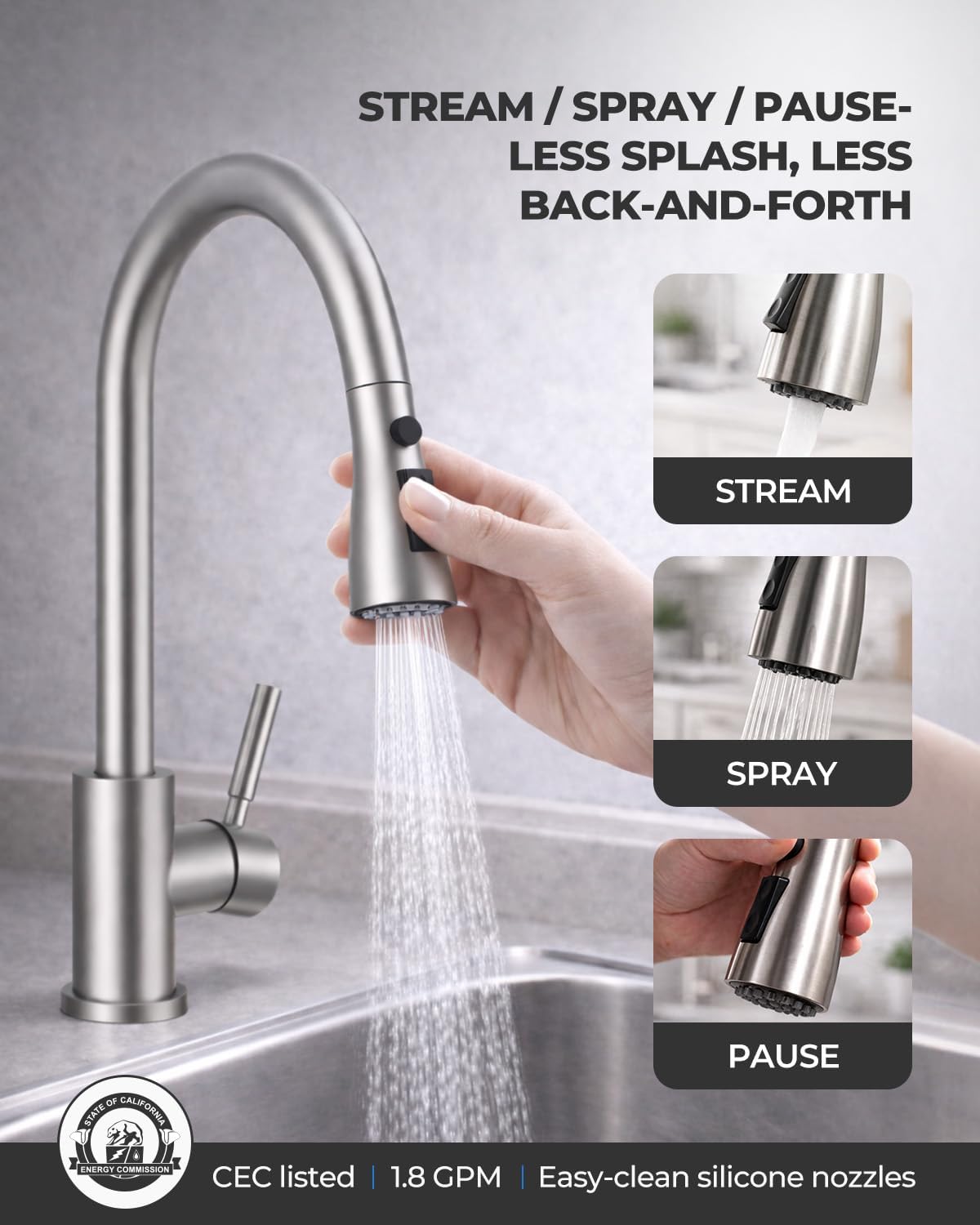 Kitchen Faucets with Pull Down Sprayer, Leak-Proof Stainless Steel Lead-Free Single Handle 1 Hole for Family Kitchen Commercial Camper Laundry Rv Bar, Brushed Nickel Bar Sink Faucet
