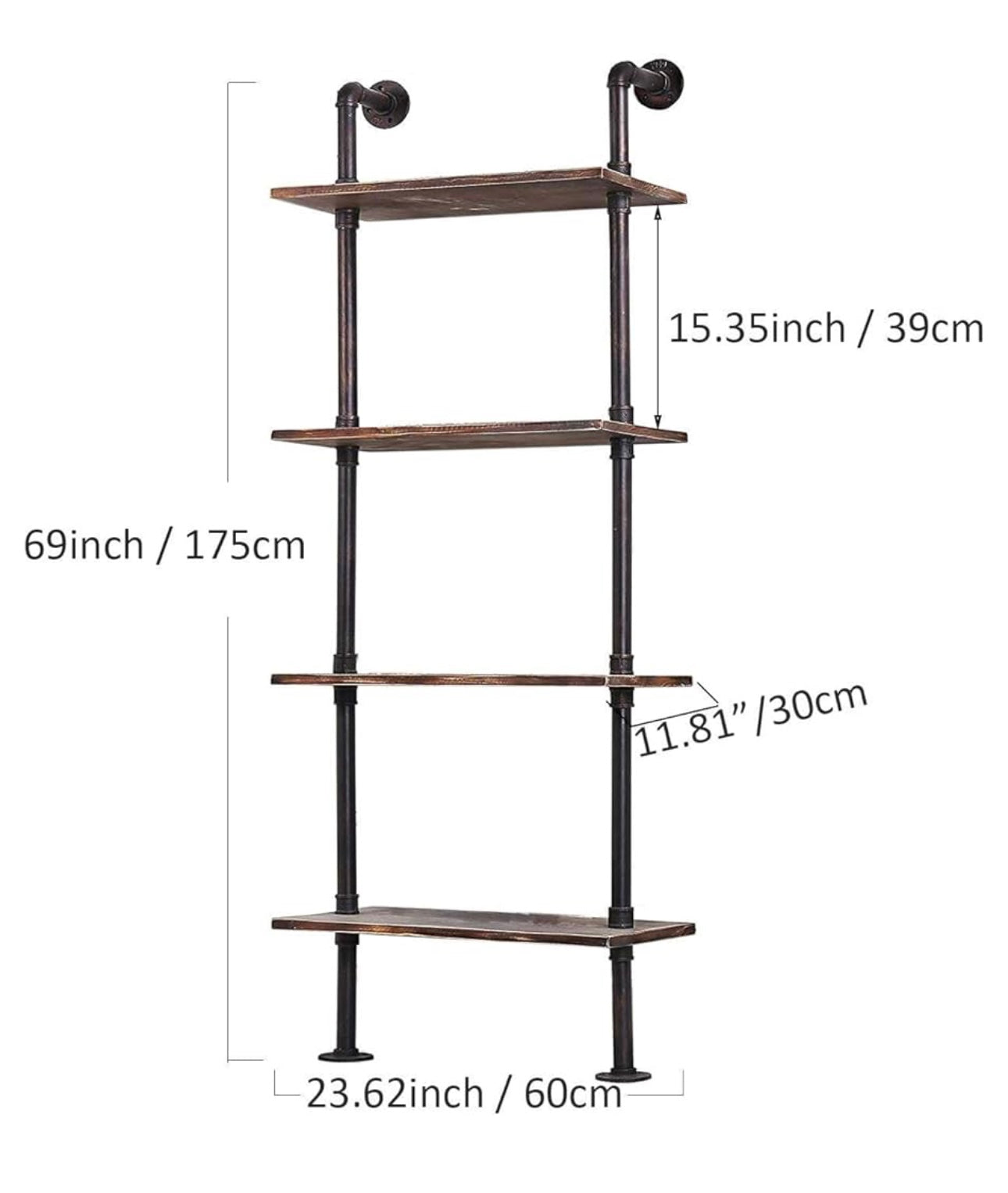 24 Inch Industrial Pipe Shelves-Wall Mounted Metal Pipe Wood Shelf-Rustic Pipe Ladder Bookshelf Bookcase-DIY Open Pipe Shelving