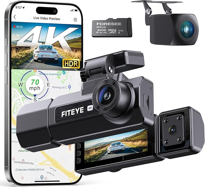 Dash Cam Front and Rear, 3 Channel Dash Camera with IMX335 Night Vision, WiFi GPS, Voice Control, 2K+1080P+1080P Dash Camera for Cars (64GB Card Included) Black
