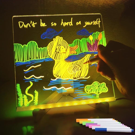 LED Note Board with Colors, Acrylic Dry Erase Board with Light and 7 Colorful Pens, Light up Dry Erase Board with Stand as a Glow Memo Message Board Note Glass Led Board (5.9"x5.9" inch)