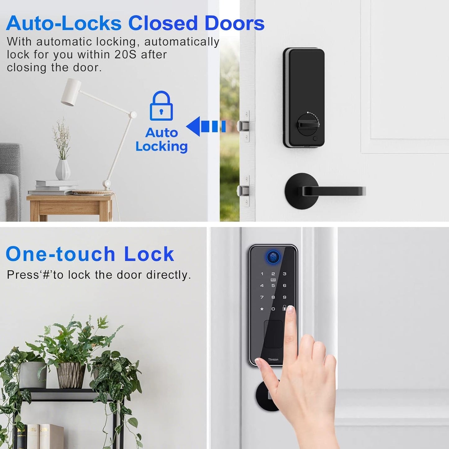 Fingerprint Door Lock,Keyless Entry Touchscreen Keypad Deadbolt with Fingerprint,Fob & Passcode Unlock - Auto Lock & IP65 Waterproof - Biometric Security Door Lock for Front Door,Home,Office