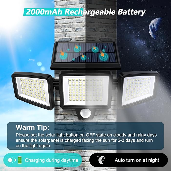 Solar Outdoor Lights 2500LM 210 LED Security Lights with Remote Control,3 Heads Motion Sensor Lights, IP65 Waterproof,270° Wide Angle Flood Wall Lights with 3 Modes(2 Packs)