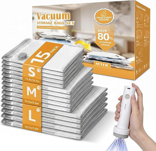 15 Pack Travel Vacuum Bags with Rechargeable Pump, 3 Sizes Combo
Space Saver Vacuum Seal Bags for Clothing Travel, 5000Pa Compression Packing Cubes for Luggage Suitcase, Cruise Essentials
