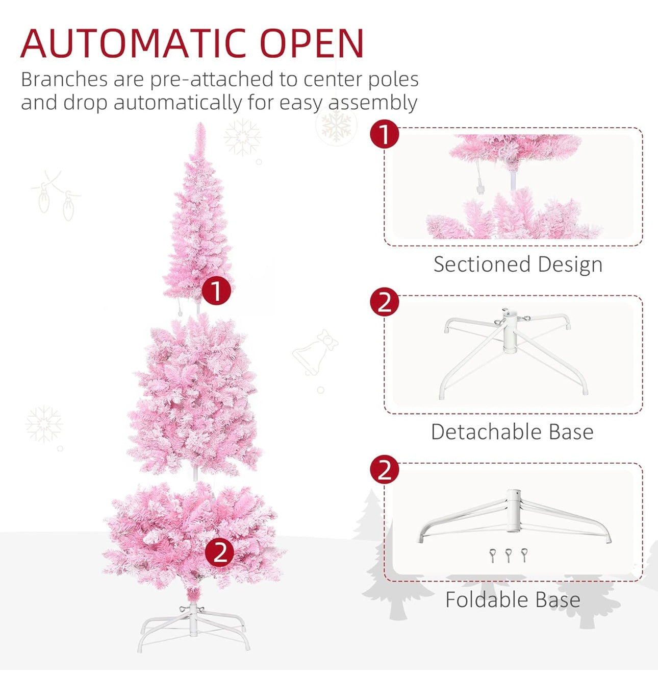 6ft Prelit Snow Flocked Artificial Christmas Tree with Pencil Shape, Pine Realistic Branches, Warm White LED Lights, Auto Open, Pink