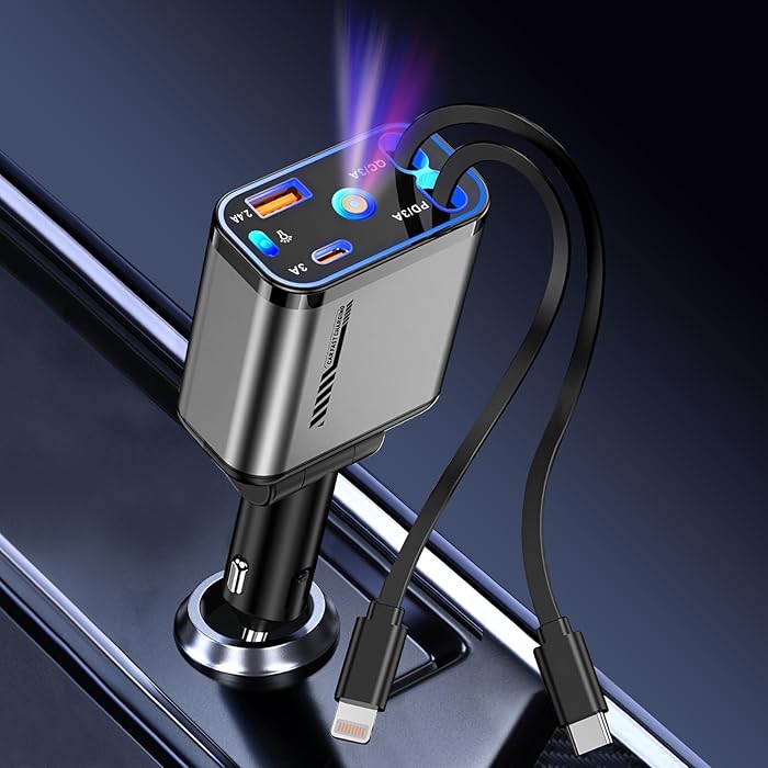 Retractable Car Charger 120W Fast Charging with Starlight,4 in 1 Universal Car Phone Charger,Built-in Type-C & Applehead Cable,Car Road Trip Retractable Accessory for iPhone,IPad,Samsung Galaxy,Pixel