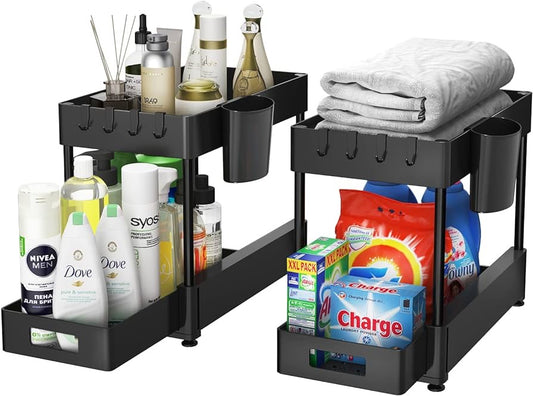 Under Sink Organizers and Storage 2 Pack, ZOMILB Bathroom Organizer 2-Tier Sliding Kitchen Cabinet Organization with Hook, Hanging Cup, Multi-purpose Under Sink Shelf Organizer for Home, Black