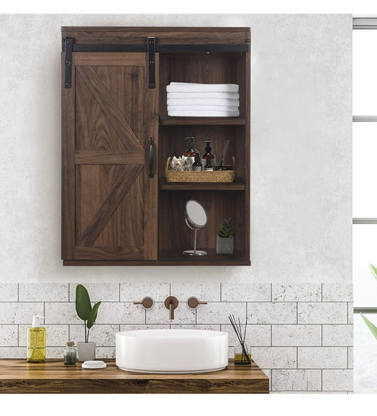 Rustic Wooden Wall Mounted Storage Cabinet with Sliding Barn Door, Decorative Farmhouse Medicine Cabinet for Kitchen Dining, Bathroom, Living Room