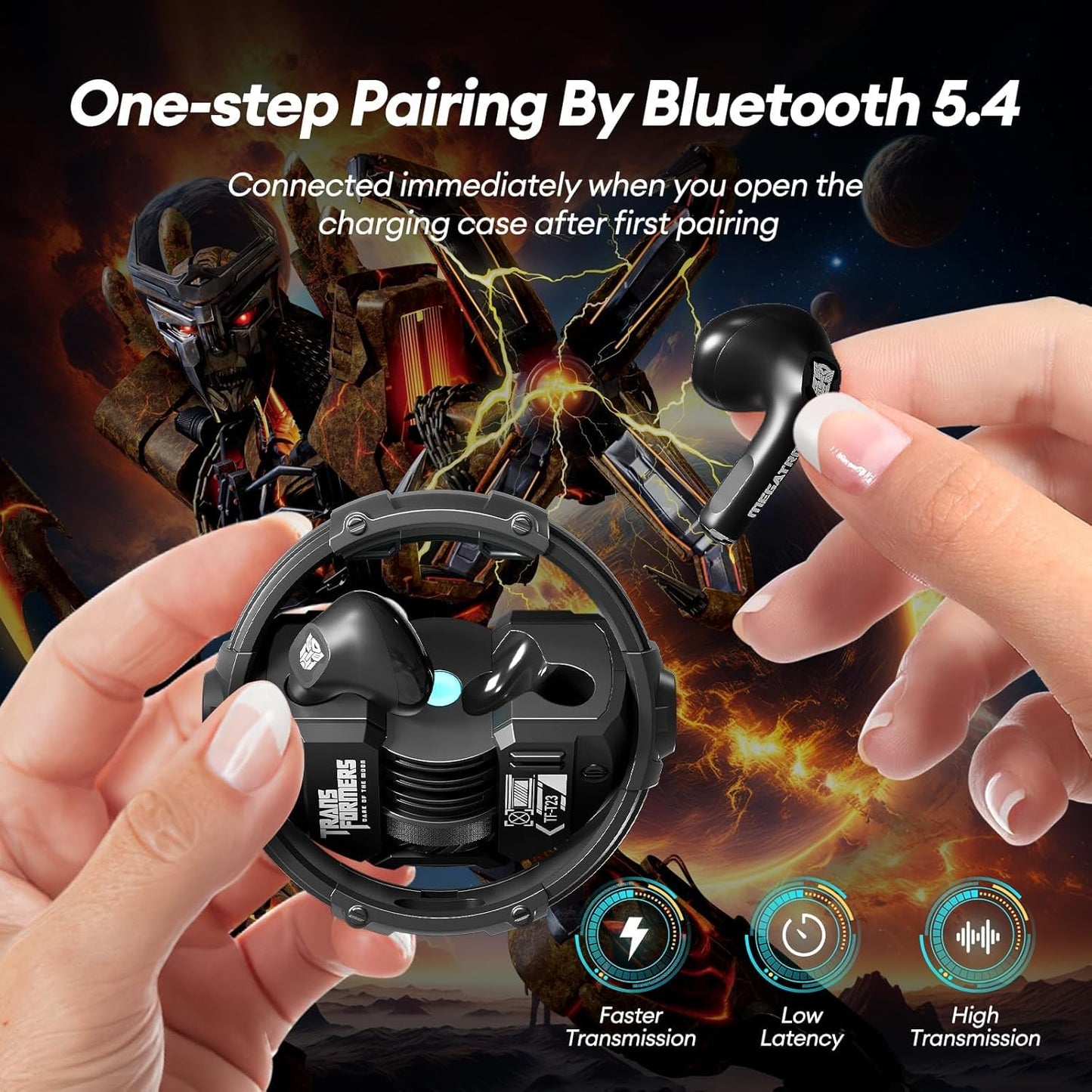 ZOMBIES CAT Transformers TF-T23 Wireless Bluetooth 5.4 Earphones, Bass Stereo, HD Mic, 60H Playtime, IPX5 Sweatproof for Android iOS Black
