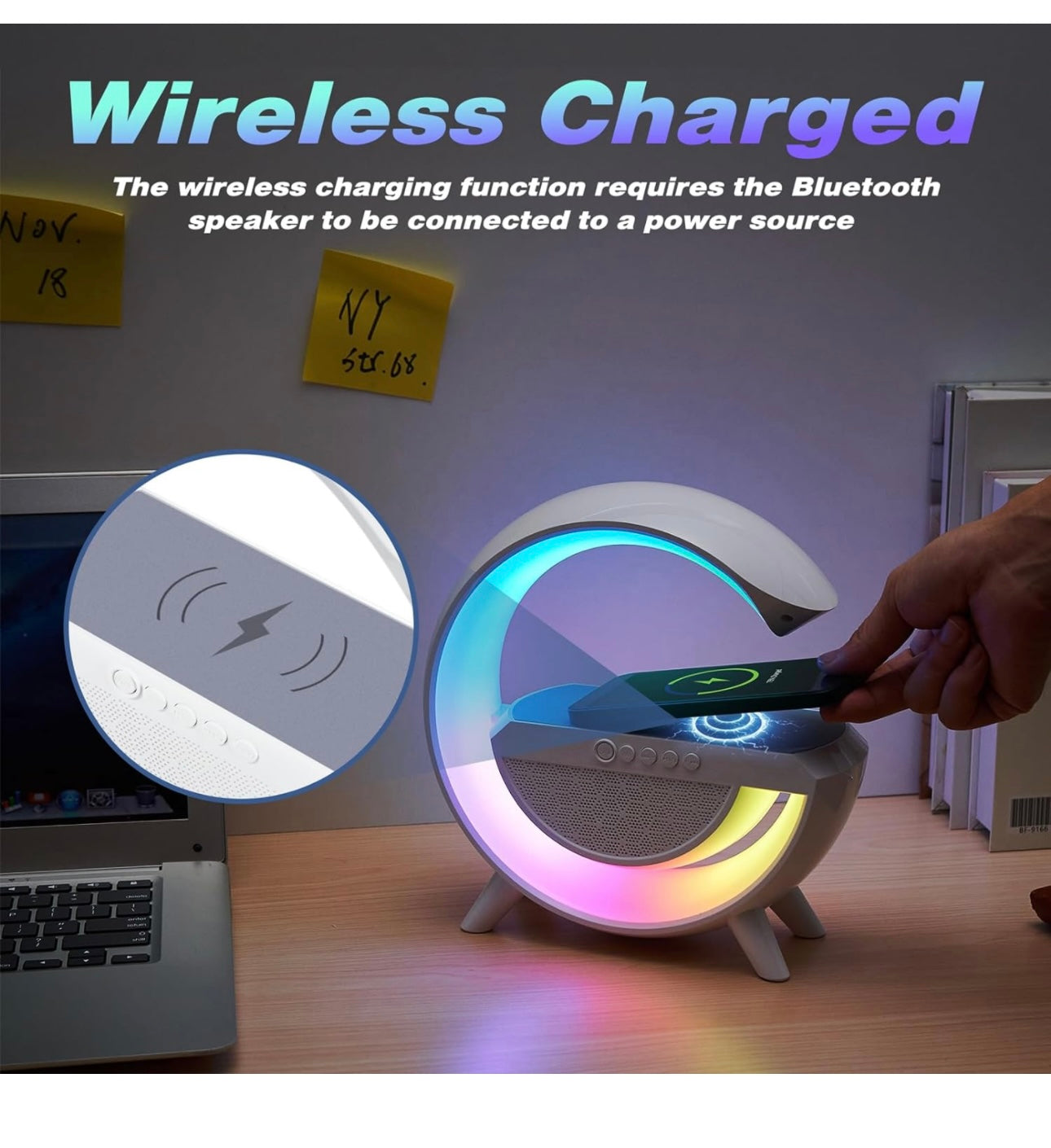 Bluetooth Speaker with Night Lights,Bluetooth Speakers with Wireless Phone Charger,Phone Wireless Charging Station FM Radio Speaker with Atmosphere Lamp Bedroom Office Shop Decor,Birthday Gift