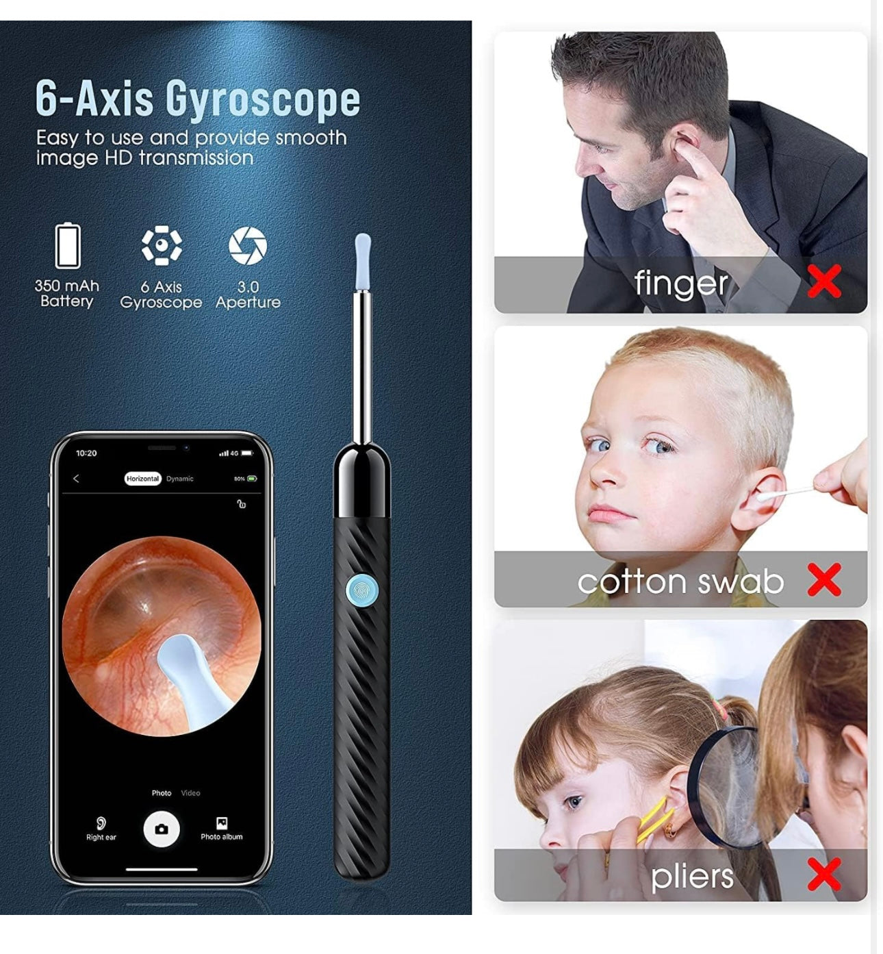 Ear Wax Removal - Earwax Remover Tool with 8 Pcs Ear Set - Ear Cleaner with Camera - Earwax Removal Kit with Light - Ear Camera with 6 Ear Spoon - Ear Cleaner for iOS & Android (Black)