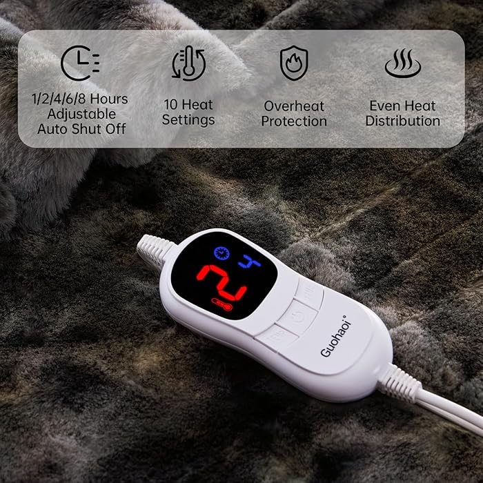 Heated Blanket Electric Throw, Soft Faux Rabbit Fur Electric Blanket with 10 Heating Levels 5 Sitting Timer Auto Off, Dual-Controller Heating Blankets, Machine Washable(84"×90" Light Grey)