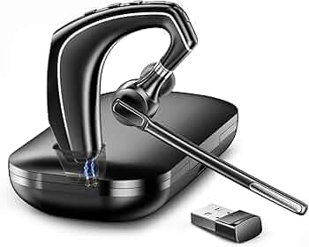 Bluetooth Headset V5.1, Wireless Headset with 500mAh Charging Case, Noise Canceling Mic for Driving and Office. (USB-A Adapter Included)