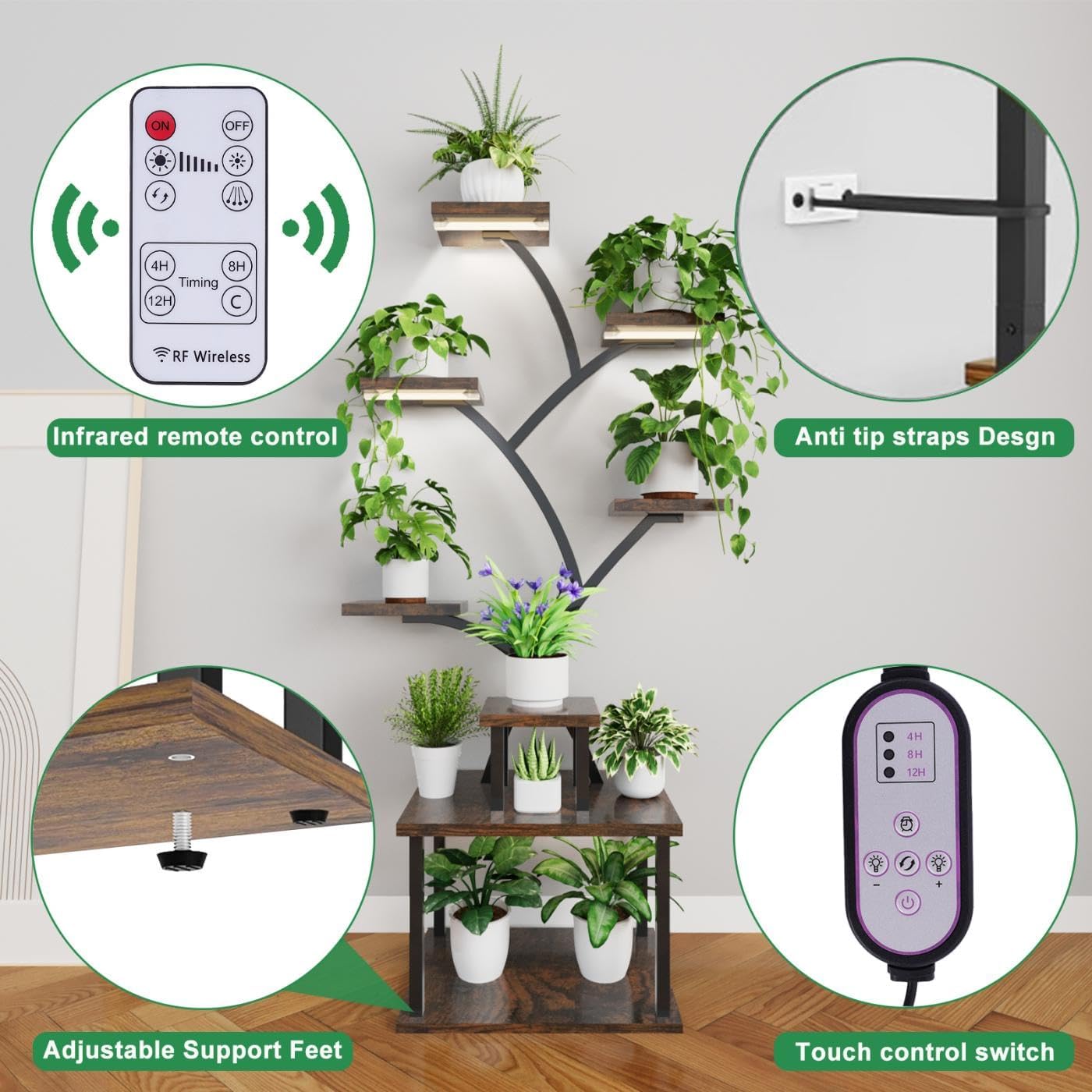 Plant Stand Indoor with Grow Lights - 8 Tiered Tall Indoor Plant Display Shelf, 61" Corner Indoor Plants Rack, Metal Plant Flower Holder for Living Room, Patio, Balcony