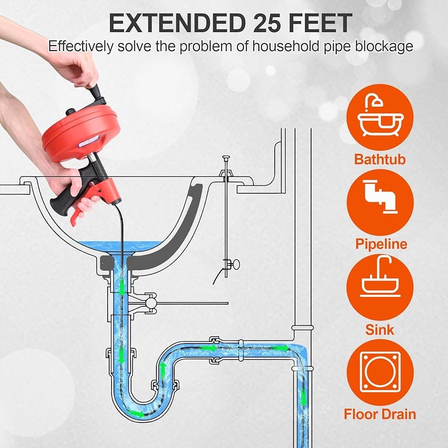 Drain Snake, Arc De TP Sewer Snake Plumbing Drain Auger, Manual or Drill Powered 25 Feet Heavy Duty Flexible Drum Auger Power Unclog Spin Drain Cleaner Tool for Kitchen,Bathrom and Shower Sink, Gutter