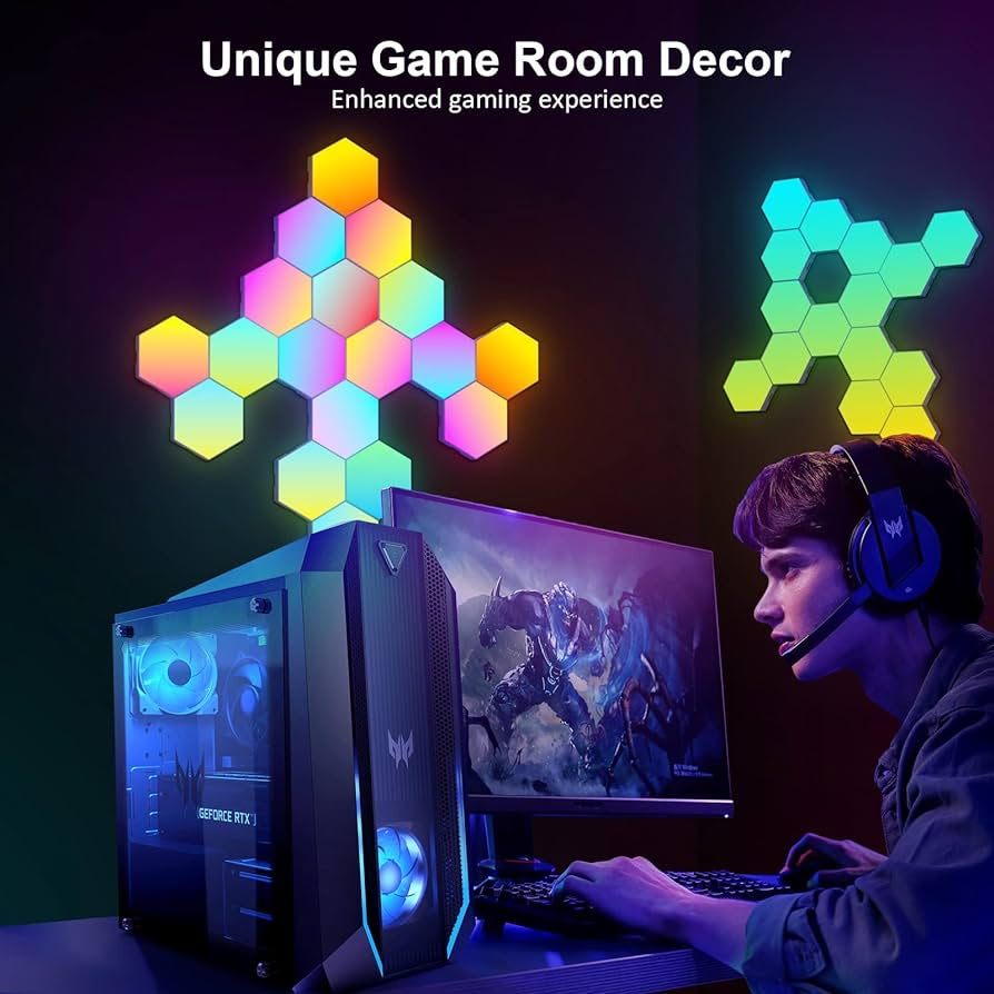 Hexagon Lights RGB Wall Light - 8 Pack Smart APP & Remote Control Modular Panel Expansion Shapes Lights Music with Sync Gaming Lights for Living Room Children Room Gaming Room