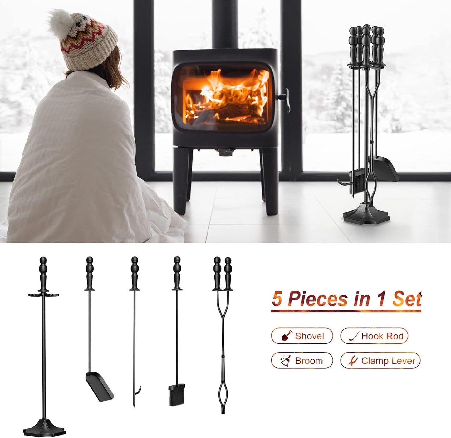 5pcs Fireplace Tool Heavy Duty Set - Stand Alone Fire Place Set - Fireplace Accessories Include Long Fire Poker, Shovel/Scooper, Tongs, Brush, Stand, for Outdoor Indoor Fire Pit