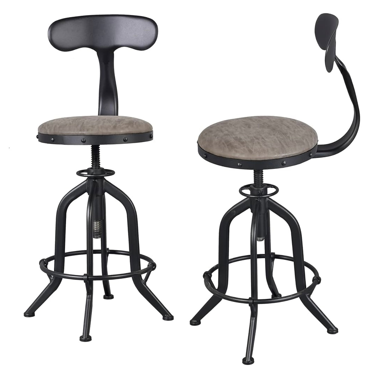 Set of 2, Bar Stools Black Metal Round PU Leather Seat