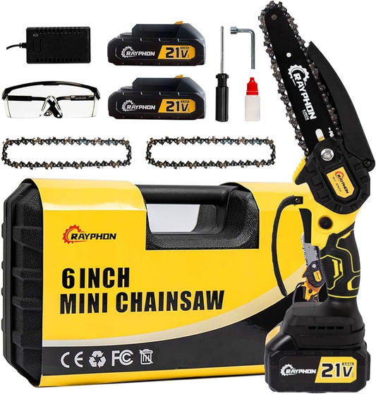 Mini Chainsaw 6-inch Cordless,Battey Powered Easy to Use Handheld Powerful Chainsaw with 2x21V 2.0Ah Battery,Lightweight Electric and I'llChainsaw for Branches,Garedn Work,Firewood, Backyard