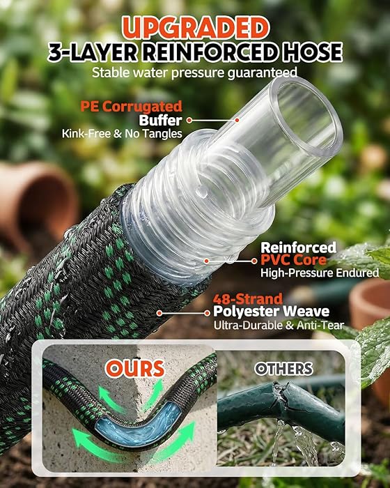 50ft Flexible Garden Hose, Lightweight Water Hose, NON-EXPANDABLE Garden Hose with 10 Function Sprayer Nozzle, Kink-Free Triple-Layer Composite Watering Hose for Yard, Lawn, Outdoor and Car Washing