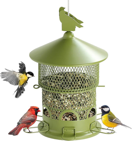 Wild Bird feeders Squirrel Proof for Outside，Metal Bird feeders for Outdoors Hanging, Retractable and Large 4 lbs Seed Capacity with 6 fold-Out Perches，Easy to Fill and Clean