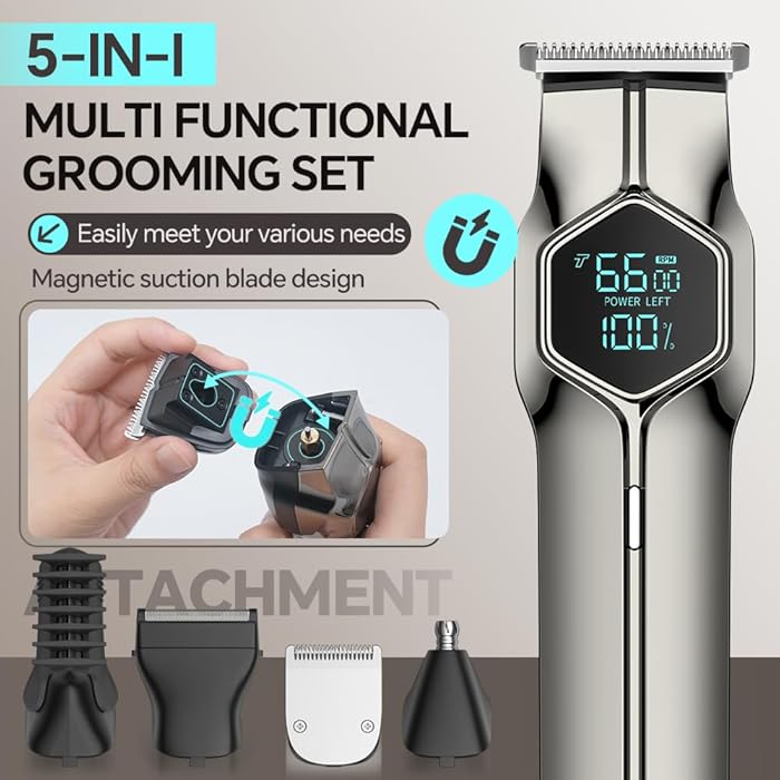 GERTZY 5-in-1 Electric Beard Trimmer Magnetic Replacement Heads, Professional Cordless Hair Clippers for Men Rechargeable, IPX7 Waterproof Grooming Kit for Mustache, Body, Nose, Gifts for Men