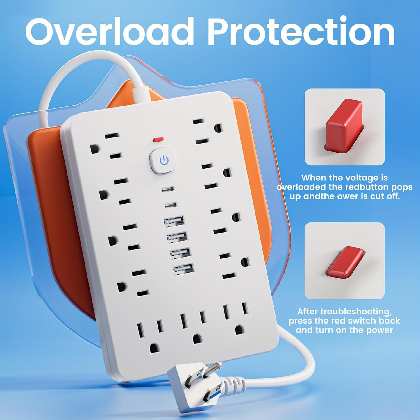 10 FT Flat Plug Surge Protector Power Strip,11 Multiple AC Outlets with 6 USB Ports (2 USB C), 10 Feet Extension Cord, 1250W/10A, One Touch Switch Button, White