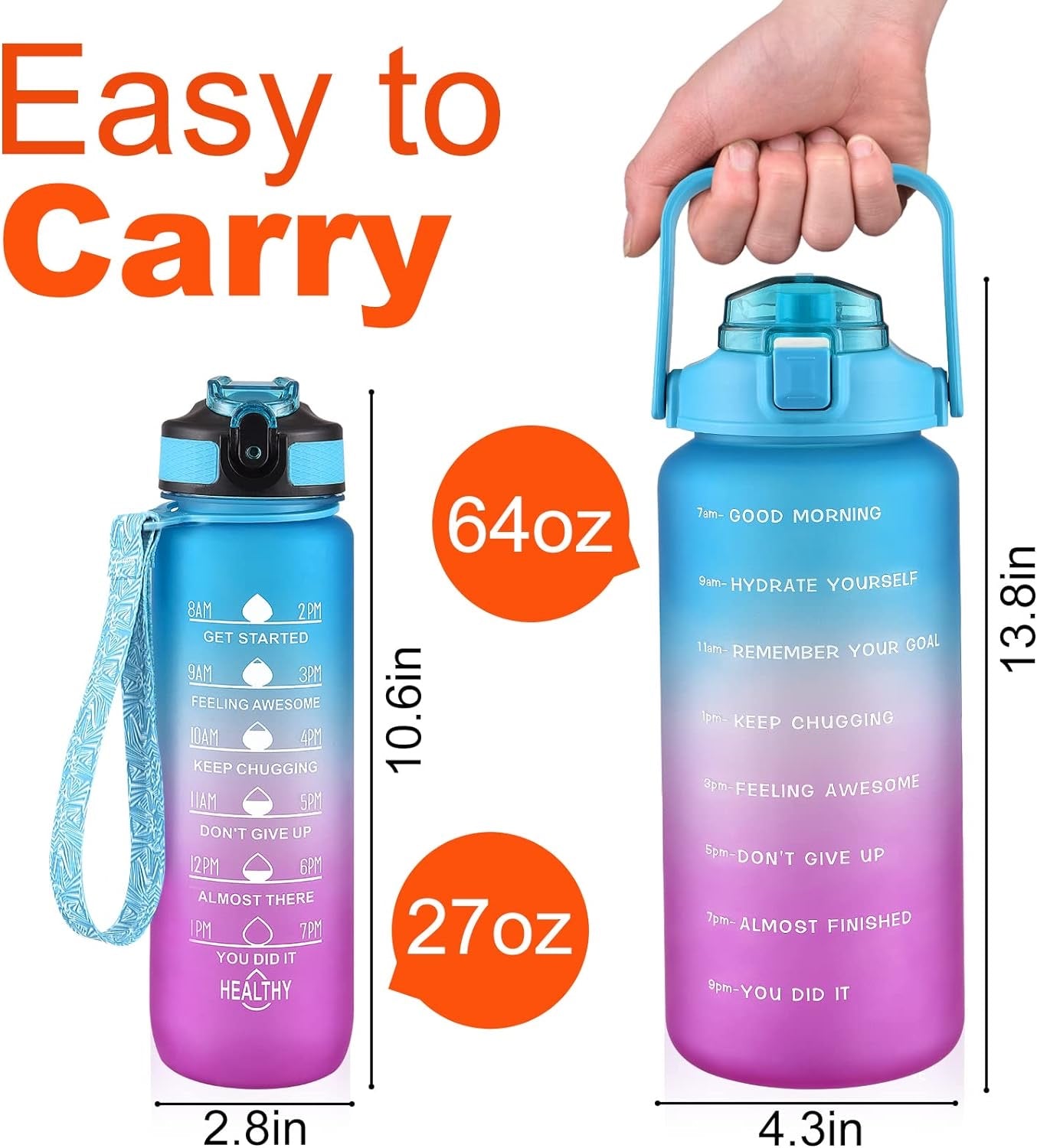 2 Pack Motivational Water Bottle, 27 oz & 64 oz Water Bottle with Times to Drink, Leakproof & BPA Free, Half Gallon Water Bottle with Straw for Office, Gym and Workout