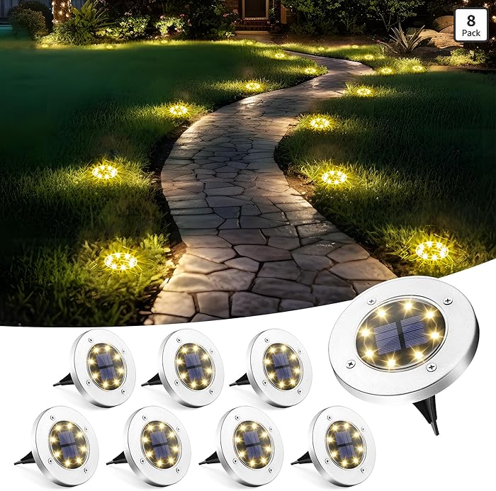 8 Pack Solar Ground Lights with Large Capacity Battery, High Efficiency Solar Powered Lights for Outdoor Garden, Patio, Pathway and Yard