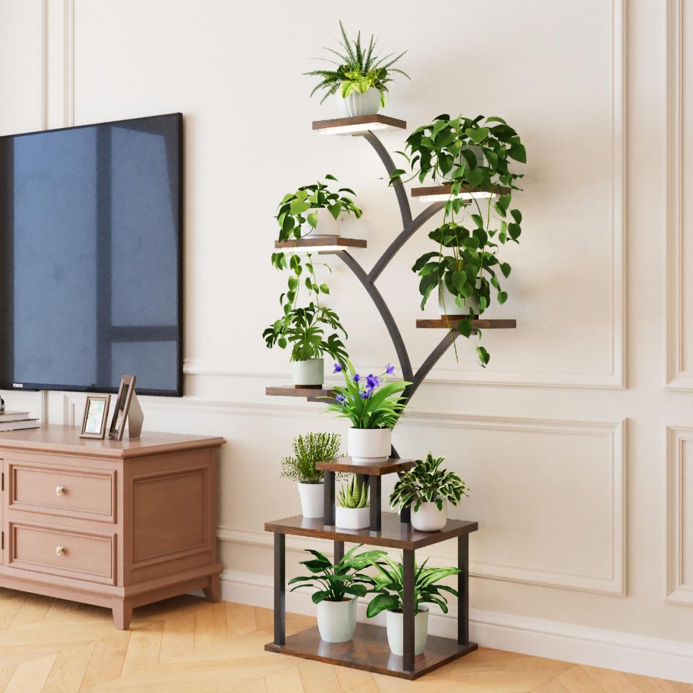 Plant Stand Indoor with Grow Lights - 8 Tiered Tall Indoor Plant Display Shelf, 61" Corner Indoor Plants Rack, Metal Plant Flower Holder for Living Room, Patio, Balcony