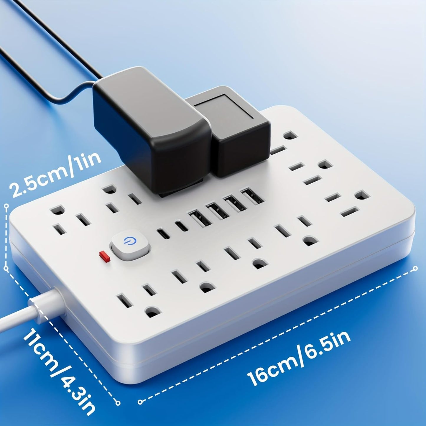 10 FT Flat Plug Surge Protector Power Strip,11 Multiple AC Outlets with 6 USB Ports (2 USB C), 10 Feet Extension Cord, 1250W/10A, One Touch Switch Button, White
