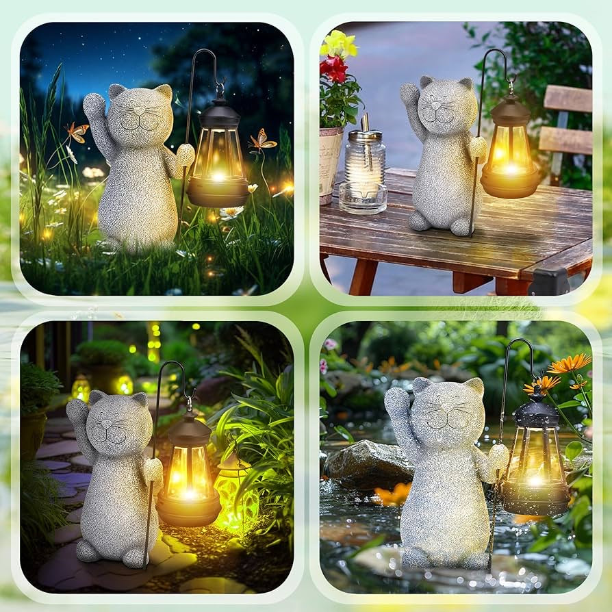 Solar Lights Outdoor Garden Decor Cat Figurine, Birthday Gifts for Women Mom Grandma,Outdoor Decor Garden Art with Solar Lantern, Loving Cat Solar Lights for Yard Patio, Housewarming Gifts