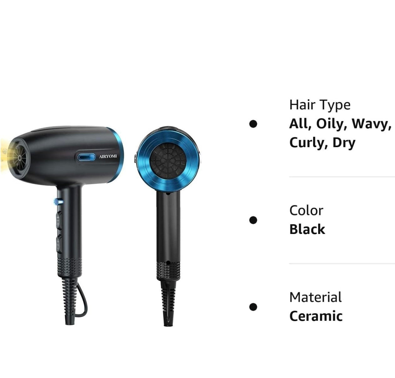 AIRYOMI Hair Dryer 1875W Blow Dryer with Diffuser Powerful Fast Dry Ionic Hair Dryer Portable Hair Dryer with Diffuser Professional Hair Dryers for Women 3 Temps 2 Speed and Cold Settings