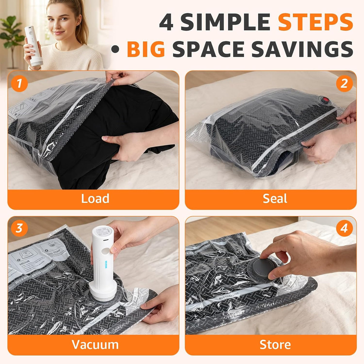 15 Pack Travel Vacuum Bags with Rechargeable Pump, 3 Sizes Combo
Space Saver Vacuum Seal Bags for Clothing Travel, 5000Pa Compression Packing Cubes for Luggage Suitcase, Cruise Essentials