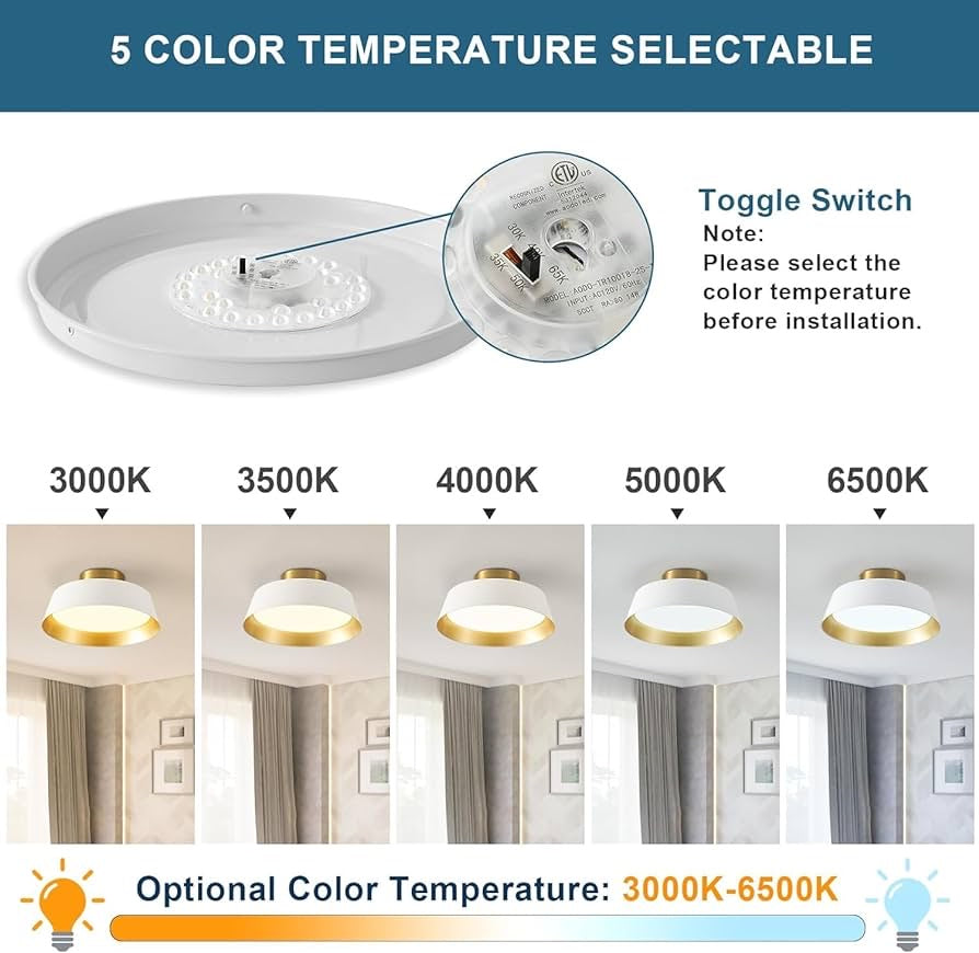 Flush Mount Ceiling Light, 12-inch LED Ceiling Light Fixture,3000K/3500/4000K/5000K/6500K Adjustable,14W/1400lm, White and Gold Finish, Energy Saving for Bedroom, Hallway